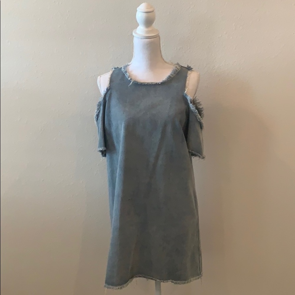 Denim Raw Edge Cold Shoulder Dress